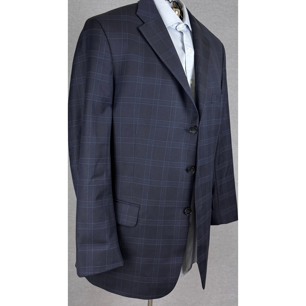 Tom James Mens 42L Navy Blue Plaid 100% Wool 3 Button Blazer Sport Coat Jacket